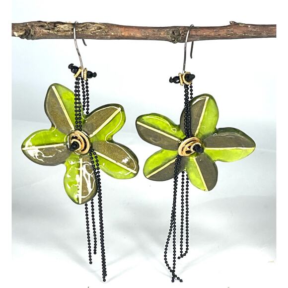 VTG Lalo FLOWER EARRINGS 4" Dangle Drop Green Gold Resin Black Bead Chains - Picture 3 of 6